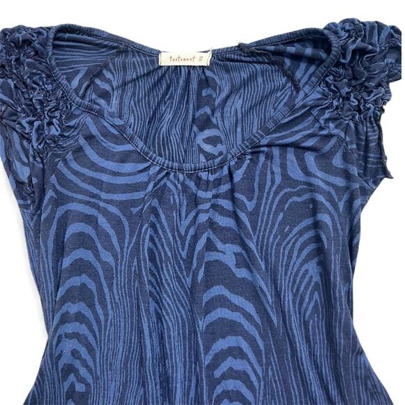 Testament Blue/Navy retro printed y2k short sleeve top with ruffled sleeves S - Picture 5 of 6